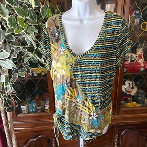Vintage Y2K Tropical Asymmetric Tribal T Shirt Blue Green Summer Deep V Neck L
